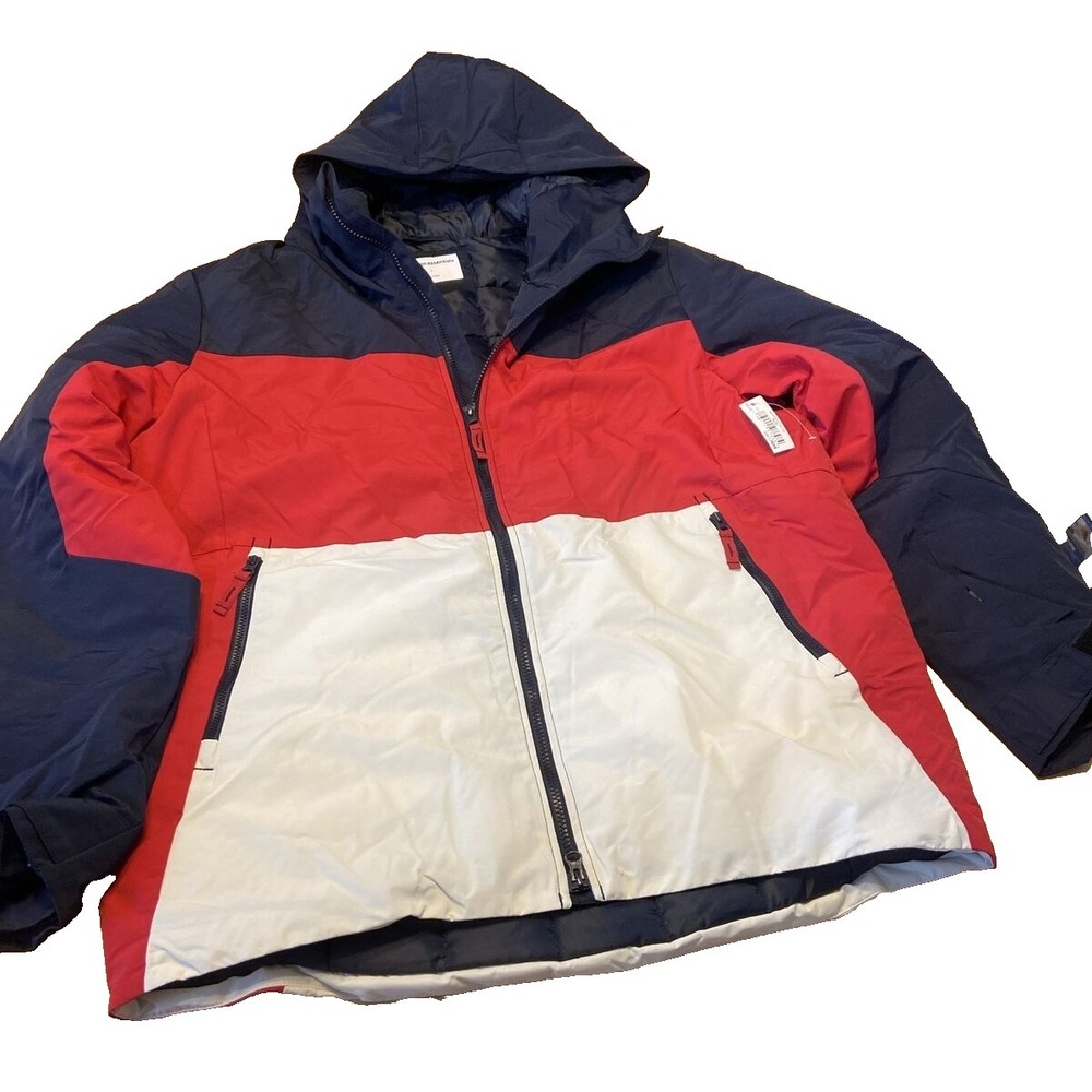AMAZON ESSENTIALS Men's jacket Red White Blue Color Block Hooded Winter M NWT